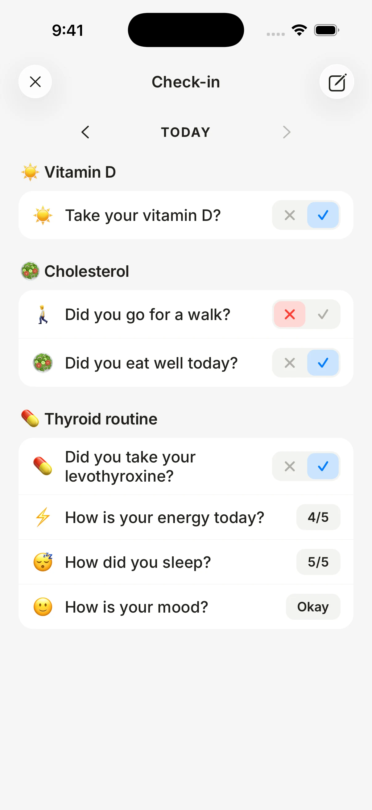 The daily check-in. Yes or no questions for vitamin D, a walk and levothyroxine, and ratings for energy, sleep and mood.