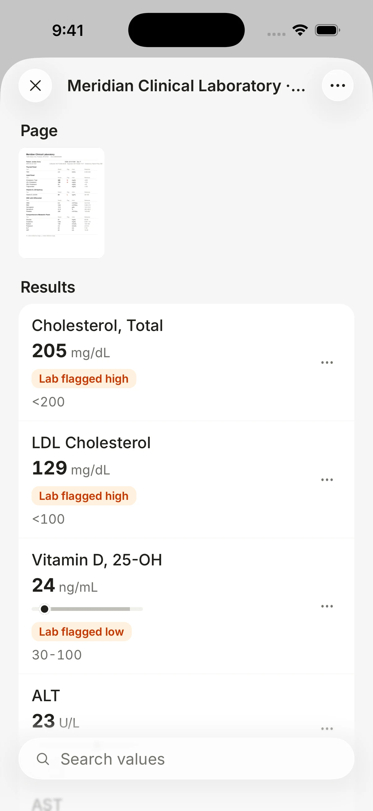 A photographed lab report from Meridian Clinical Laboratory, read into values. Two flagged high and one flagged low.